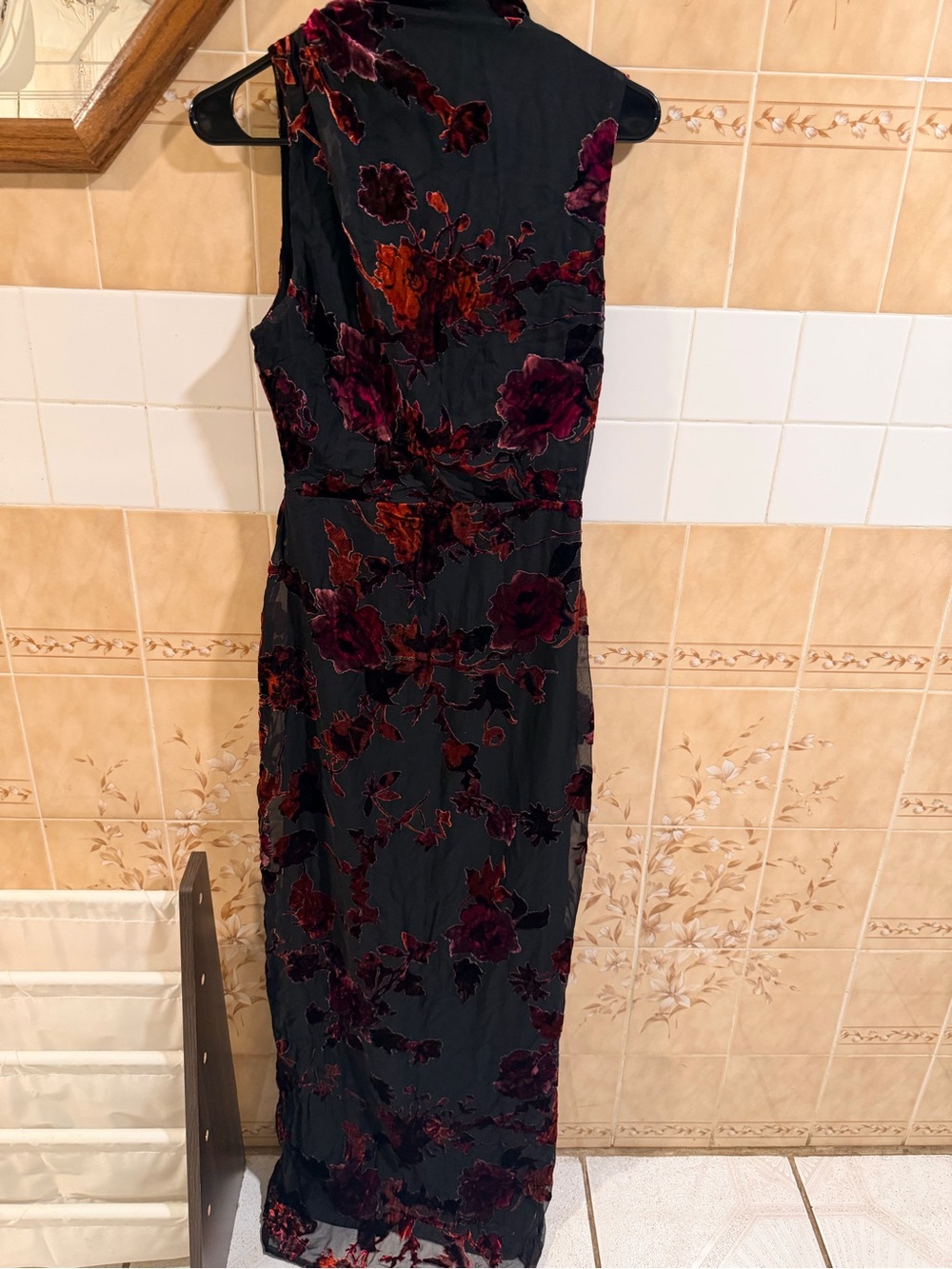 Lulu's Black Velvet Burnout Maxi Dress with Burgundy & Rust Florals